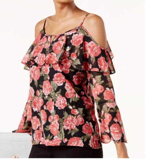 BNWT INC Urban Chic Sequin Twin Butterfly Purple Pink cold shoulder blouse (XL) - Picture 6 of 9